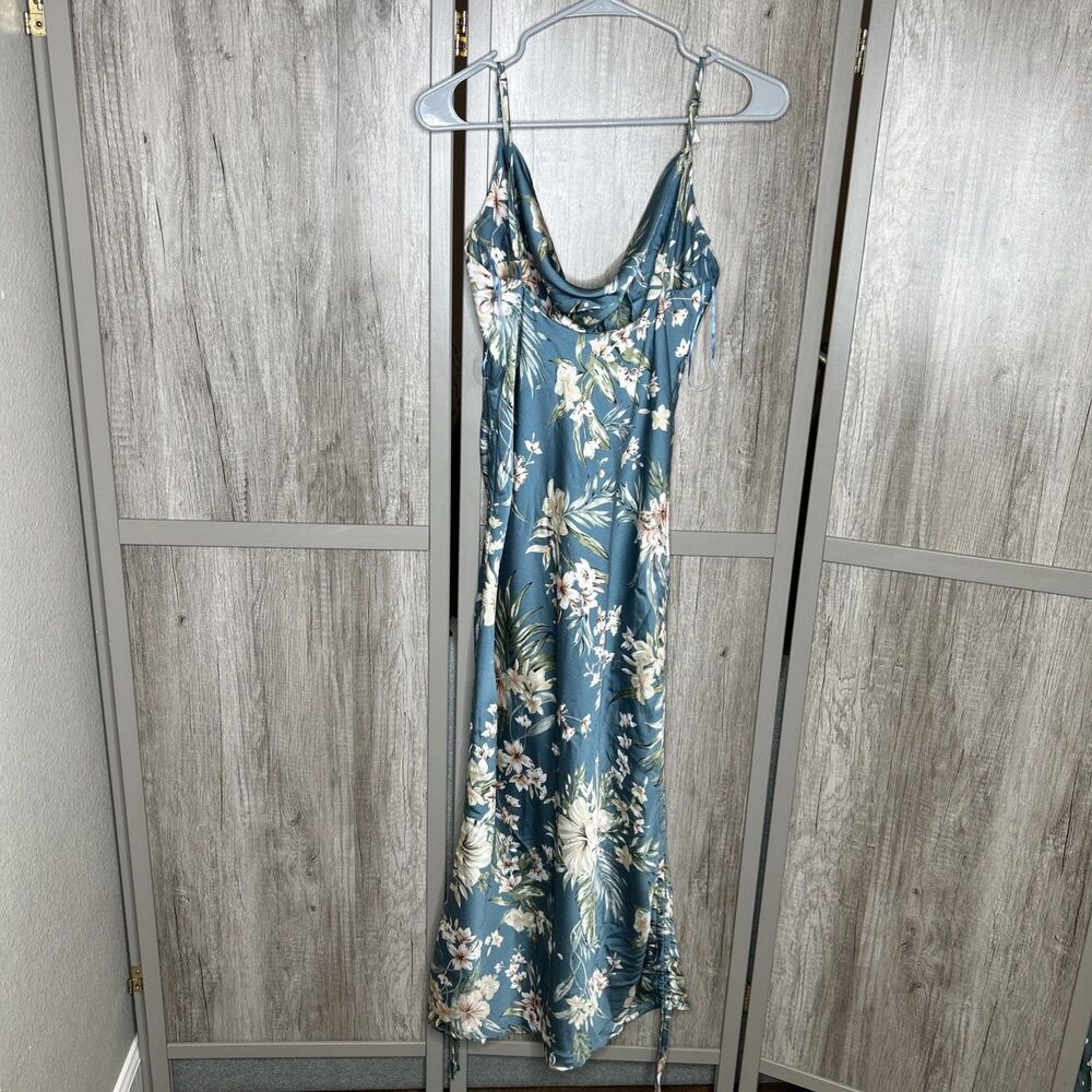 Mable Satin Dress Teal Floral Cowl Neck Ruching on the Sides - Picture 10 of 10